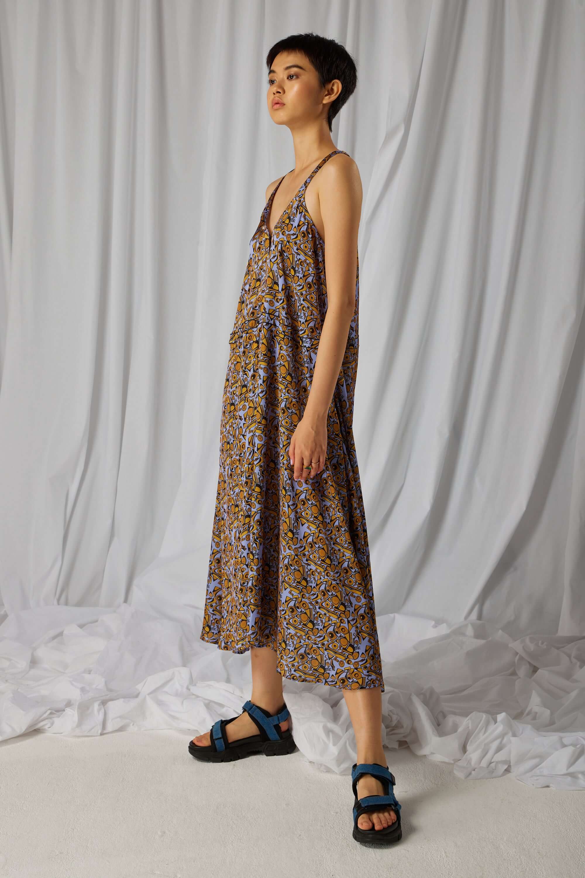 Java dress in Art Deco Factory print