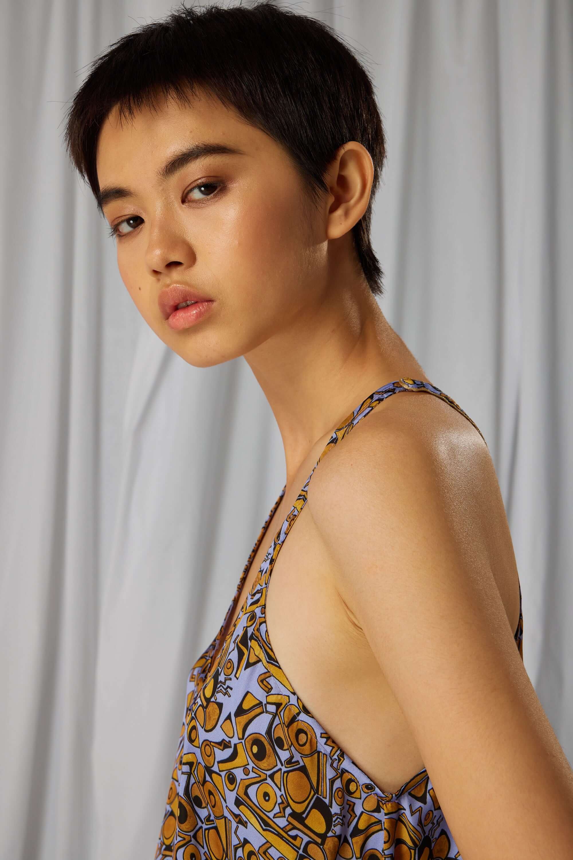 Java dress in Art Deco Factory print