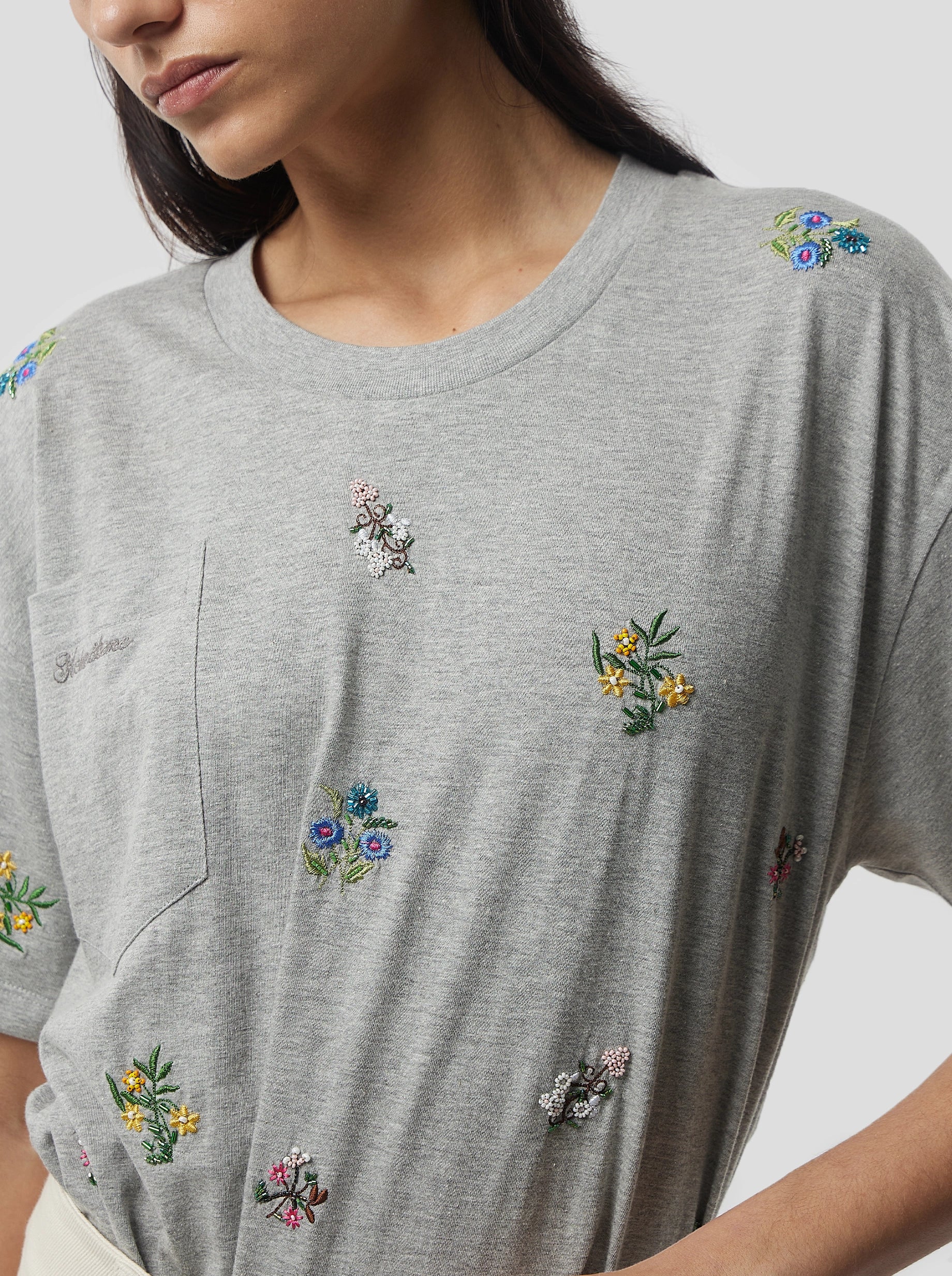 Atlas Embroidered T-Shirt in Grey Cotton