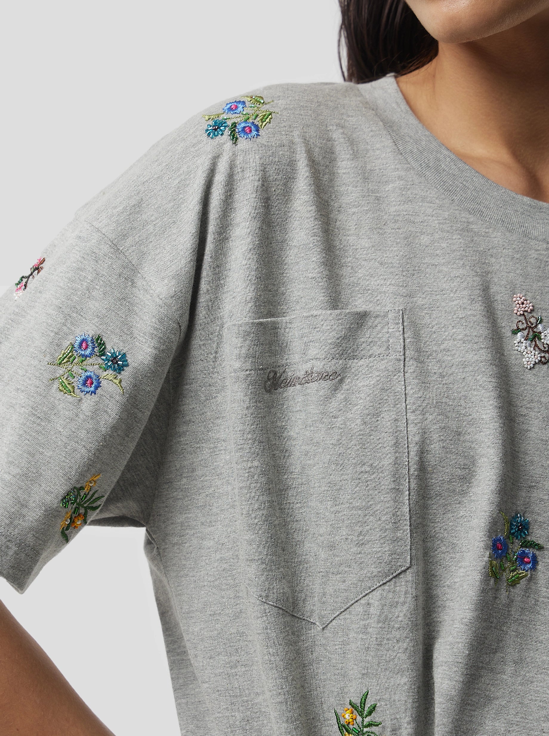 Atlas Embroidered T-Shirt in Grey Cotton