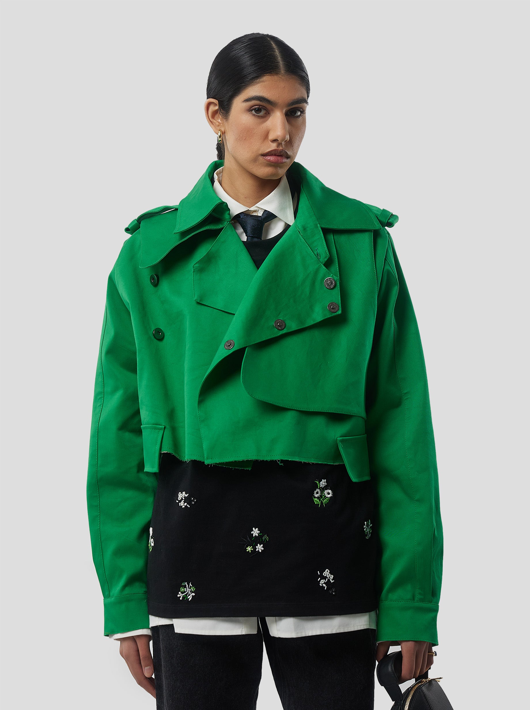 Trench Crop Trevor in Technical Kelly Green fabric