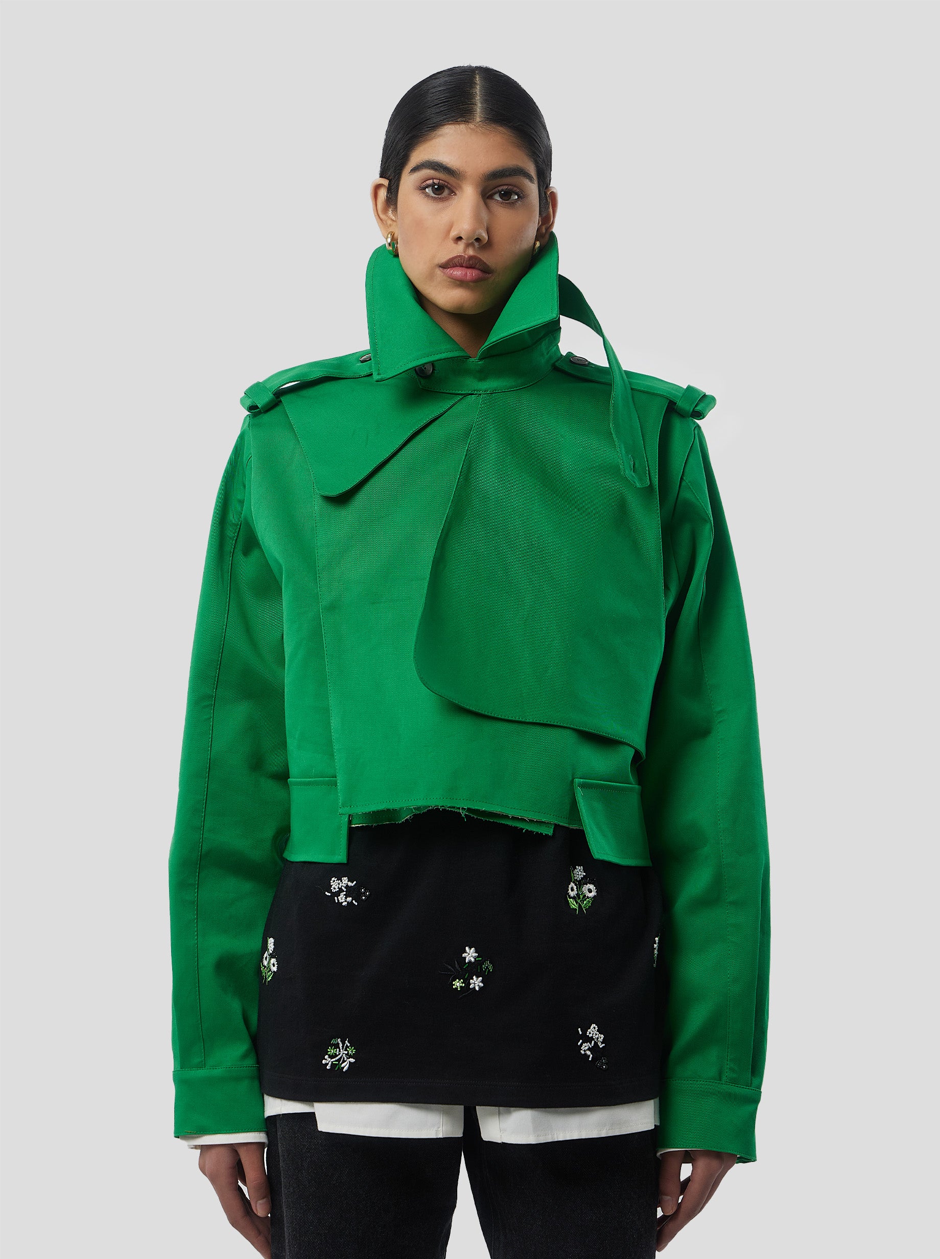 Trench Crop Trevor in Technical Kelly Green fabric