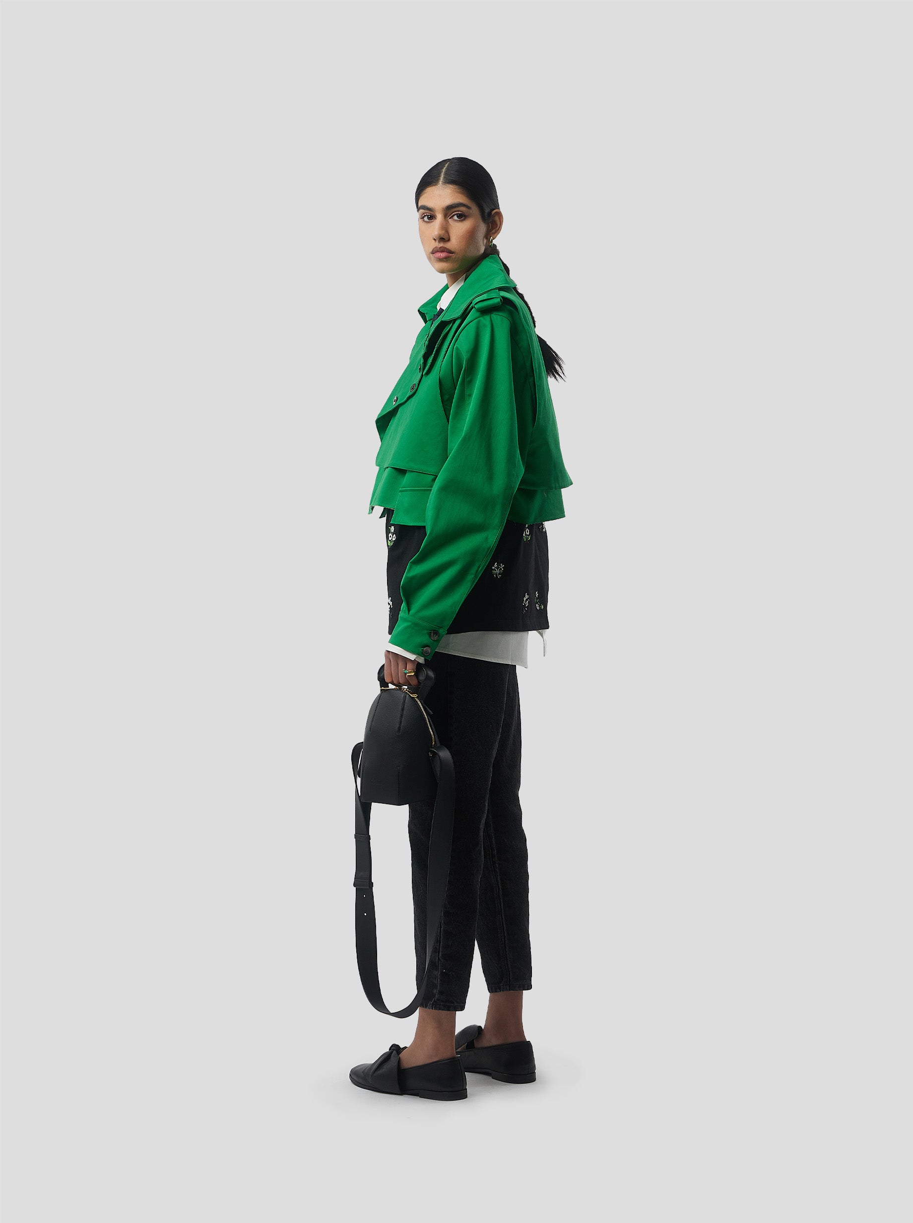 Trench Crop Trevor in Technical Kelly Green fabric