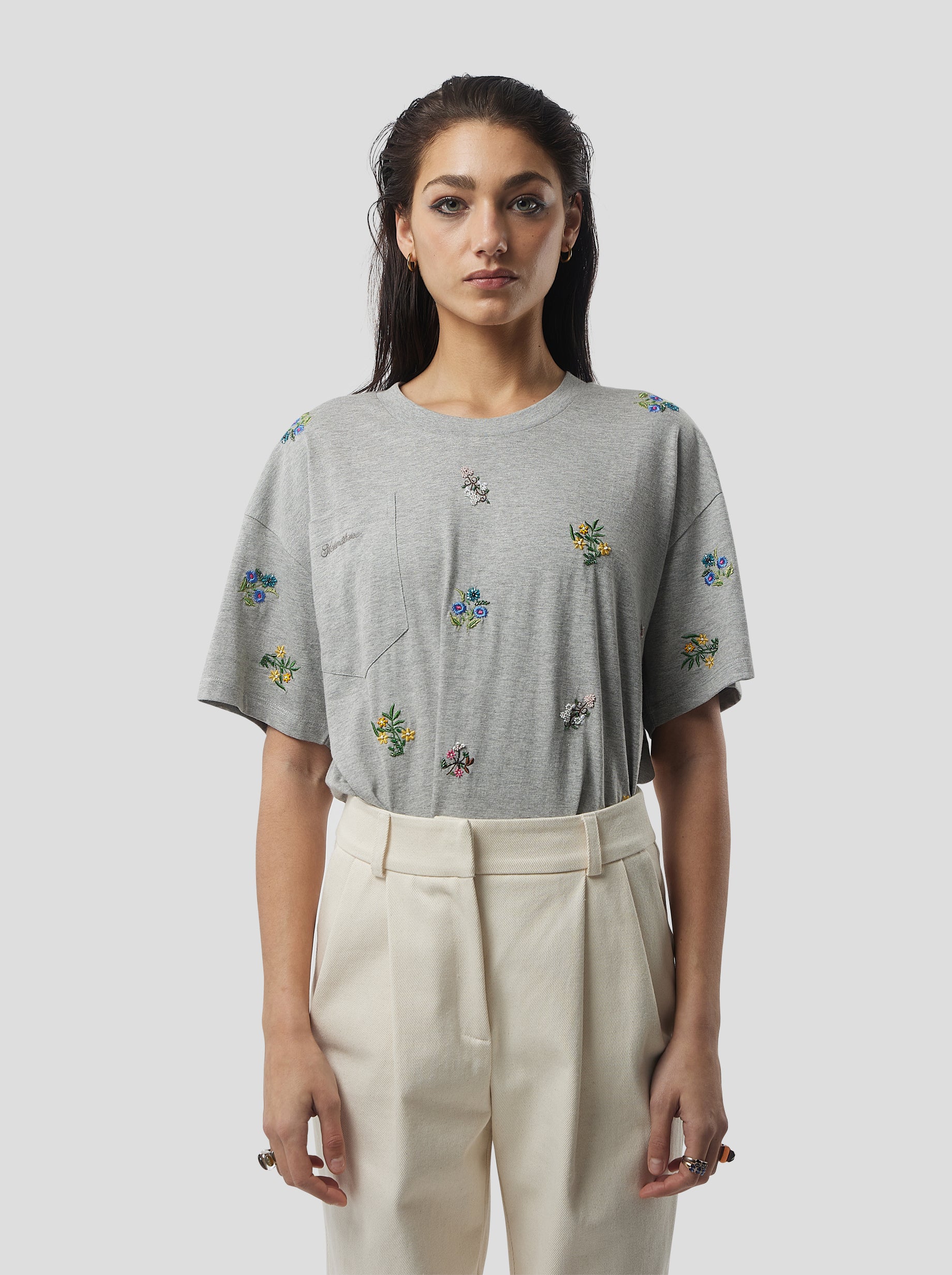 Atlas Embroidered T-Shirt in Grey Cotton