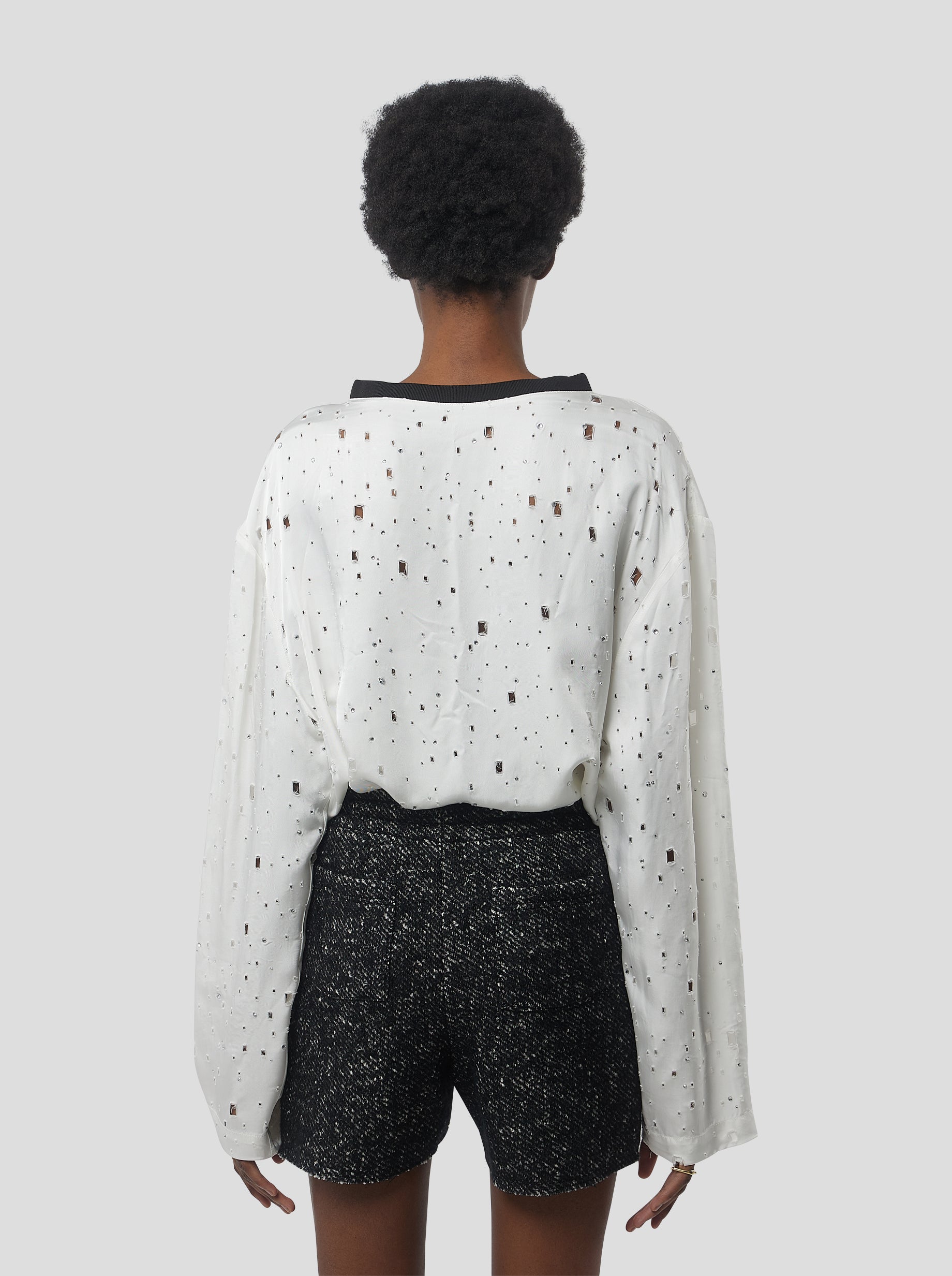 King T-Shirt in White Shimmered Voile with Saboté and Inlays